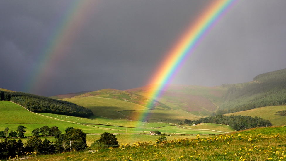 Double rainbow forming on the western outskirts of Innerleithen, Scottish Borders